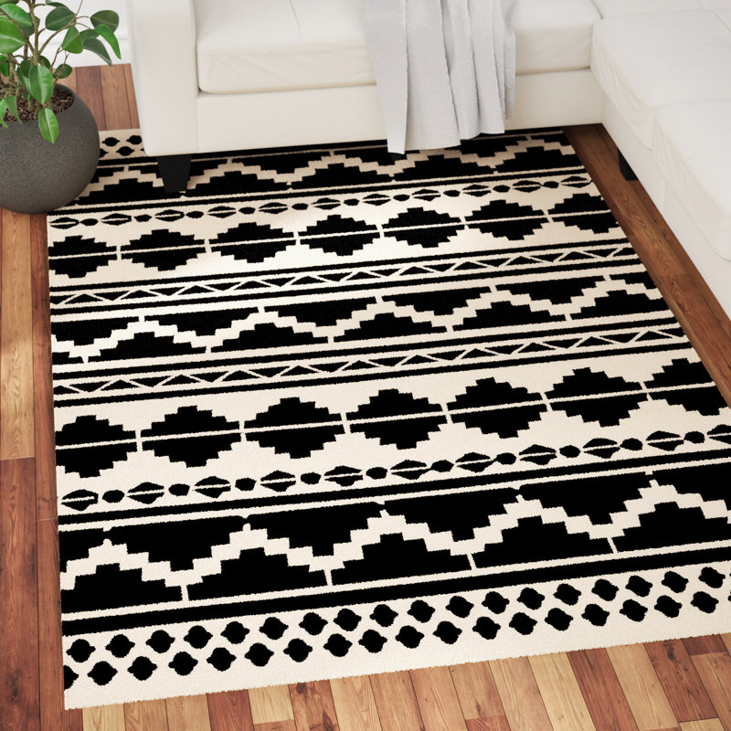 World Menagerie Rudnick Handwoven Flatweave Wool Black/Grey Area Rug
